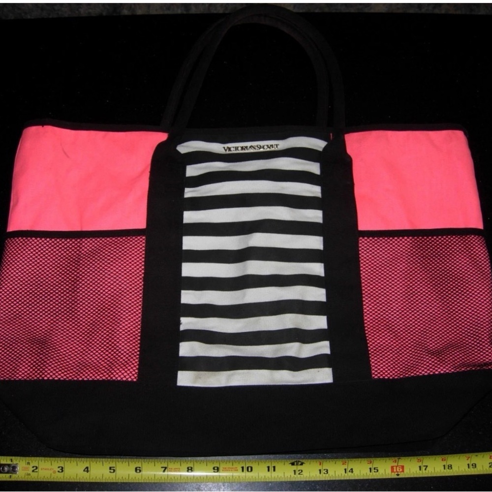 Victoria's Secret Mesh Pink White Black Stripes Logo Tote Duffle Bag Weekender!